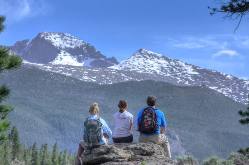 Employees starring at mountain range